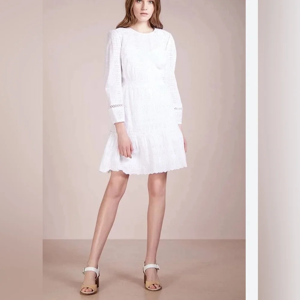 New J. Crew White Eyelet Cutout Long Sleeve Lined Dress 2 petite